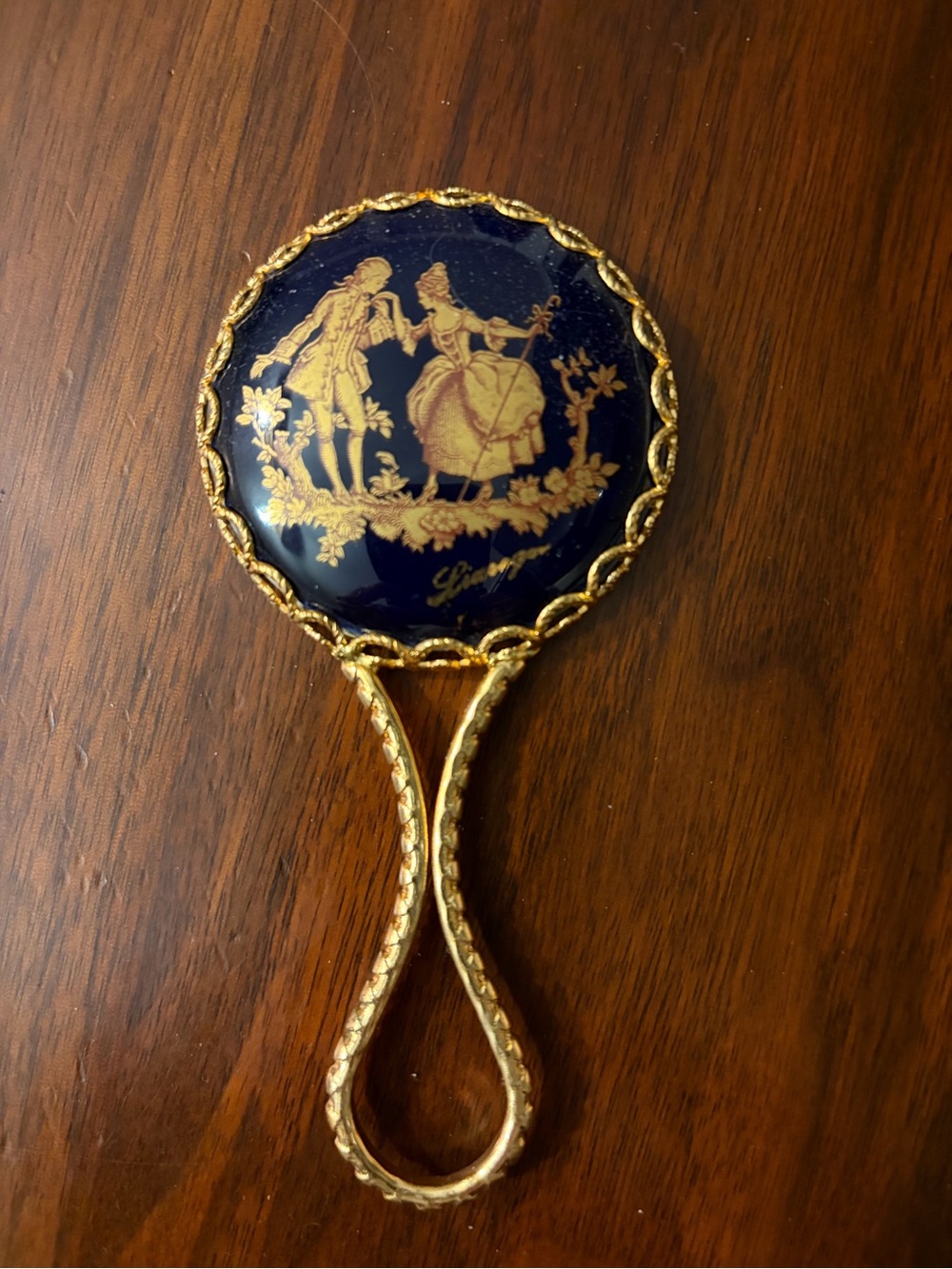 Vintage Limoges France Cobalt Blue Porcelain Hand Mirror | Gold Courting Couple